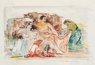 Graf, Gottfried Frauengruppe mit Kind. (1932). Aquarell, Bleistift auf chamoisfarbenem Papier. 39 x 57 cm. Signiert. Punktuell unter Passepartout mont