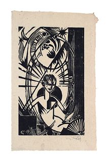 Graf, Gottfried Erwachen. 1916. Holzschnitt auf hellbraunem Japanpapier. 20 x 12 cm (25 x 15,5 cm). Monogrammiert im Stock sowie signiert. Verso typog