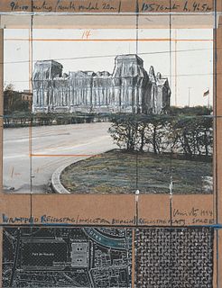Christo (d. i. Chr. Javacheff) Wrapped Reichstag (Project for Berlin). (1994). Offsetlithographie in Farbe mit Prägedruck. 27,8 x 21,5 cm (40 x 30 cm)