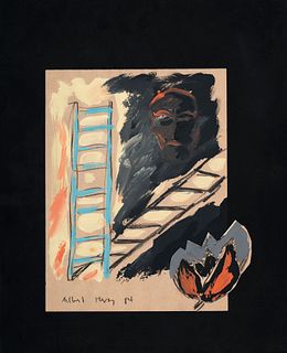 Merz, Albert Leiter mit Maske. 1984. Mischtechnik u. Collage auf hellbraunem Papier. 32 x 27 cm. Signiert u. datiert. Punktuell auf Unterlage montiert