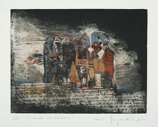 Hiltner, Franz-Gregor All knowledge is but remembrance. 1981. Farbaquatintaradierung auf chamoisfarbenem Hahnemühle. 24 x 31 cm (39 x 48,7 cm, Sichtma