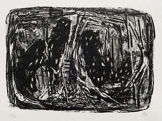 Lüpertz, Markus Komposition räumlich. 1980. Lithographie auf chamoisfarbenem Bütten. 43 x 74,5 cm (63 x 91 cm). Monogrammiert und nummeriert. - Wohler