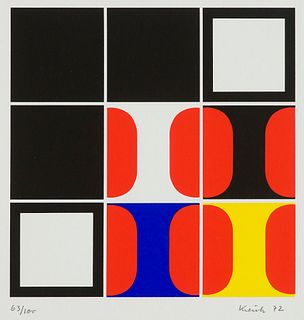 Kreutz, Heinz Geometrische Komposition. 1972. Farbsiebdruck auf Velin. 18,5 x 18,5 cm (38 x 32 cm). Signiert, datiert und nummeriert in Graphit. Verso