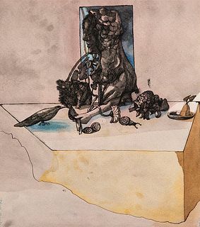 Castillo, Jorge Die Welt des Garcia Lorca. Vorzugsausgabe mit 9 Druckgraphiken und Originalzeichnung. Schwarze Feder, aquarelliert, auf Büttenpapier. 