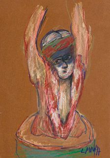 Wintersberger, Lambert Maria (Figur mit erhobenen Armen). 1997. Ölkreide und Pastell auf braunem Karton. 21 x 15 cm. Monogrammiert und datiert. Auf Pa