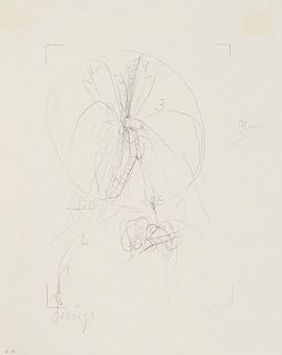Beuys, Joseph o.T. (Aus: Zeichnungen zu Leonardo Codices Madrid.) Granolithographie auf festem Papier. 24,5 x 19 cm (30 x 23,8 cm). In Graphit signier