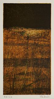 Pelleschi, Francesco o.T. (Komposition). Farblithographie auf chamoisfarbenem, kräftigem Papier. 25 x 13 cm (49,5 x 35 cm). Signiert und nummeriert. -