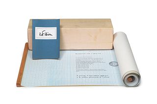 Filliou, Robert Erforschung des Ursprungs. 1974. Offset auf hellblauen Millimeterpapier zweiseitig mit Holzstangen gefaßt. 29,6 x 910 cm. Signiert, da