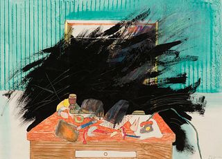 Zimmer, Hans Peter o.T. 1976. Mischtechnik (Acryl, Farbstift u. Farbölkreide) und Collage auf Papier. 45 x 61,5 cm (Sichtmaß). Signiert und datiert "7