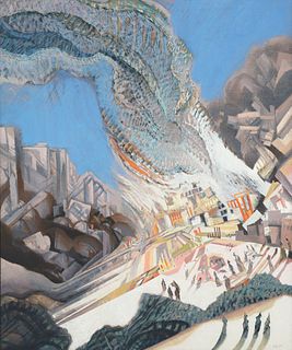 Kreidt, Fritz o.T. (Abstrahierte Komposition mit Licht, Wellen und Erdbeben). 1960er Jahre. Öl auf Leinwand. 82 x 105 cm. Signiert. Verso mit Werksbez