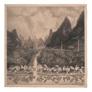 Kreidt, Fritz o.T. (Landschaft in China). Graphitstift und Kohle auf gräulichem Bütten. 37,5 x 37,3 cm. Signiert. Punktuell auf Unterlage montiert und