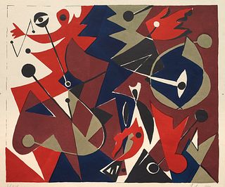 Nay, Ernst Wilhelm Komposition in Rot. 1951. Farblithographie auf chamoisfarbenem Papier. 34 x 40,2 cm (38 x 54,3 cm). Signiert, datiert und nummerier