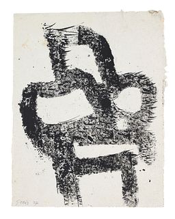 Greis, Otto o.T. 1957. Tusche auf Japanpapier. 18,5 x 14,3 cm. Signiert u. datiert. Blatt auf Karton am oberen Blattrand montiert. - Eine Ecke bestoße