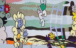 Lichtenstein, nach Roy Water Lilies with Japanese Bridge. Farboffset auf Postkarte. 17,5 x 12 cm. Signiert. Auf Unterlage montiert und unter Glas gera