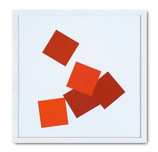 Molnár, Vera Cinq carrés rouges. 2018. Collage auf Papier. 40 x 40 cm. Verso signiert und nummeriert sowie mit Aufkleber mit Werksangaben. Unter Glas 