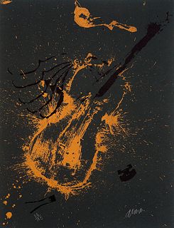 Arman (Armand Pierre Fernandez) o.T. 1973. Farbserigraphie auf schwarzem Karton. 65 x 50 cm (65 x 50 cm). Signiert und nummeriert in Graphit. - Die Ec