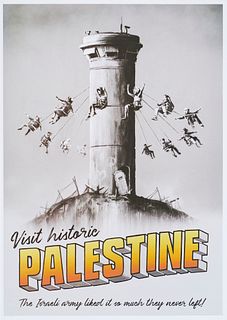Banksy Visit historic Palestine. 2018. Farboffset auf glattem Papier. Mit dem Original Walled Off Hotel-Trockenstempel und verso dem Tintenstempel (di