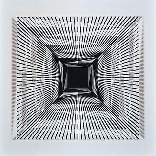 Morandini, Marcello Komposition 655B. 2017. 3D-Konstruktion aus Baumwollpapier und bedruckten Acrylglasplatten. 30 x 30 cm (40 x 40 cm). Verso m. Edit