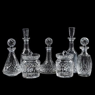 WATERFORD CRYSTAL DECANTERS & BISCUIT BARRELS, 7PC