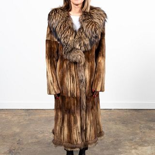 SEMI-PLUCKED MARBLE MINK COAT WITH SILVER FOX
