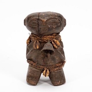 AFRICAN DRC SHORT CARVED WOOD FIGURE, W/ COWRIES