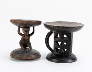 2 AFRICAN CARVED WOOD STOOLS, LUBA & ZAMBIA