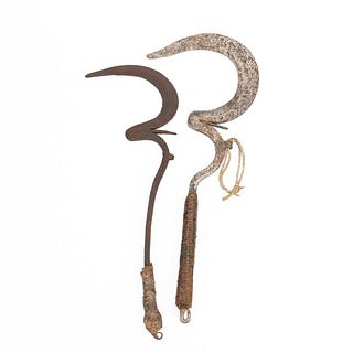 TWO AFRICAN SENGESE SICKLE THROWING KNIVES