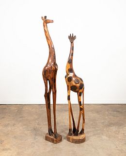 TWO STANDING CARVED WOOD AFRICAN GIRAFFES
