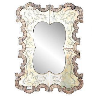 20TH C. VENETIAN CARTOUCHE-FORM ETCHED MIRROR