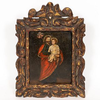 RELIGIOUS ICON ON METAL, CARVED GILTWOOD FRAME
