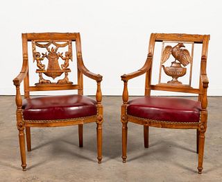 2 18TH C. NEOCLASSICAL FRUITWOOD & LEATHER ARMCHAIRS