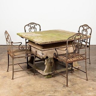 FOUR FRENCH IRON CHAIRS & CONTINENTAL TAVERN TABLE
