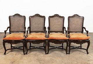 FOUR FRENCH LOUIS XV STYLE CANE ARMCHAIRS