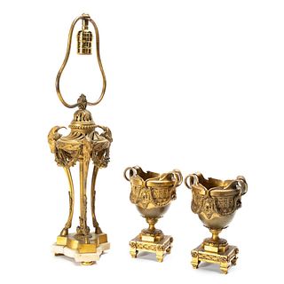 3 BRONZE NEOCLASSICAL STYLE TABLE LAMP & 2 URNS