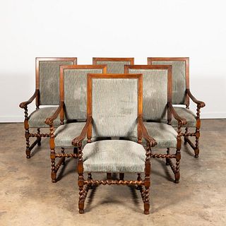 SIX LOUIS XIII STYLE UPHOLSTERED DINING CHAIRS