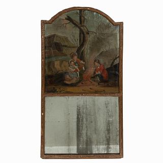 FRENCH TRUMEAU MIRROR WITH GENRE SCENE PAINTING