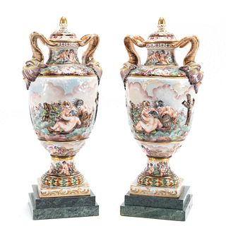 PAIR, CAPODIMONTE-STYLE LIDDED URNS ON BASES