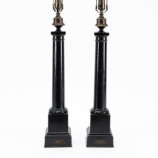 PAIR FRENCH BLACK TOLE CARCEL LAMPS, ELECTRIFIED