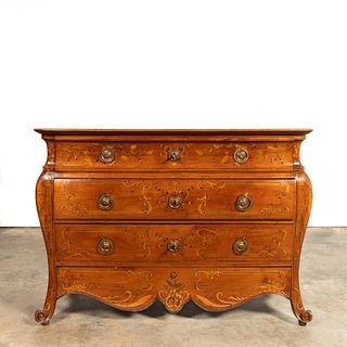 19TH C. CONTINENTAL FLORAL MARQUETRY BOMBE COMMODE