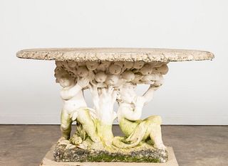 OVAL STONE GARDEN TABLE WITH PUTTI BASE