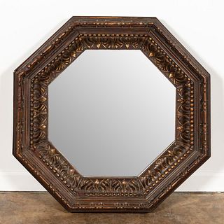 19TH C. FRENCH BAROQUE CARVED WOODEN OCTAGONAL MIRROR