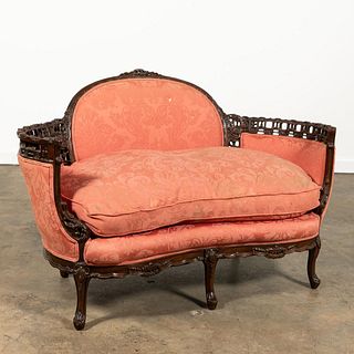 LOUIS XV STYLE SETTEE WITH RED UPHOLSTERY