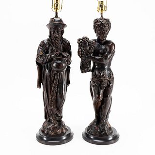 PAIR OF CONTINENTAL FIGURAL CARVED WOOD LAMPS