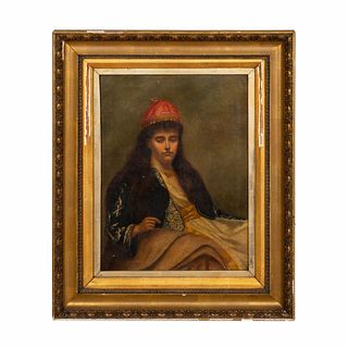 19TH C. PORTRAIT OF LADY IN RED CAP, OIL ON CANVAS