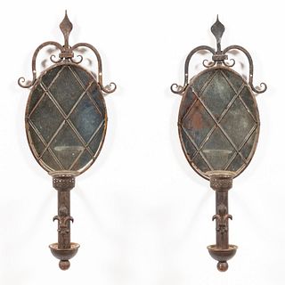 PAIR, SCROLLED IRON MIRROR BACKED SCONCES