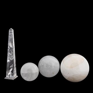 FOUR PIECES, ROCK CRYSTAL ORBS AND OBELISK
