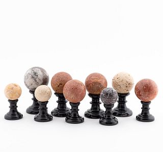 18 PCS, MARBLE ORBS AND BLACK MARBLE STANDS