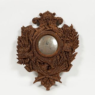 FRENCH SHIELD FORM RUSTED IRON WALL MIRROR