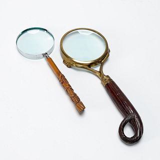 TWO PIECES, CARVED WOOD HANDLE MAGNIFYING GLASSES
