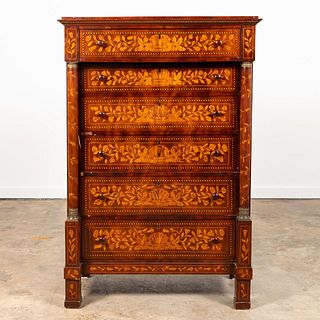 19TH C. DUTCH FLORAL PARQUETRY SIX-DRAWER COMMODE